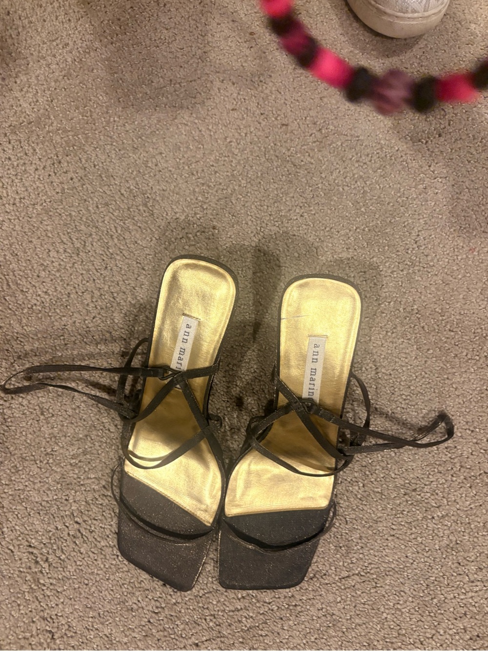 Ann Marino Black Strappy Square-Toe Heels with Gold Insole